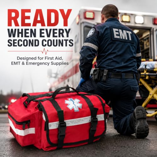 NOVAMEDIC NM-RO63P Professional First Responder Bag, 17” x 9” x 7” Empty EMT Trauma Kit Carrier with Removable Dividers, Reflective Strips, Water-Resistant Base for Emergency Medical Supplies (Red) - color: Red