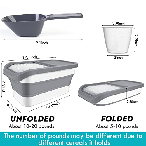 Pet Food Storage Containers, Collapsible Cat Food Container with Transparent Sliding Lid,10-13 lb Plastic Dog Food Bin with Measuring Cup and Dog Food Scoop - color: small gray