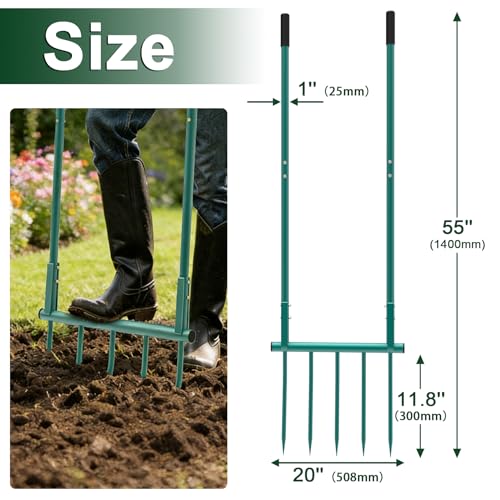 Broad Fork Garden Tool, 5 Tines Heavy-Duty U-Shaped Hand Tiller | 55 Inch Detachable Ergonomic Broadfork for Digging, Cultivating & Loosening Soil, Gardening & Farming