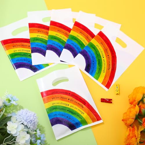 Coume 100 Pcs Back to School Gifts Bags Rainbow Inspiration Quotes Treat Bags with Handles Small Plastic Goodie Snack Bag for Students Teachers Kids Birthday Party Favors, 6" x 8" - style: Rainbow Style