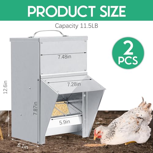 Uiifan 2 Pcs 11.5 lb Galvanized Chicken Feeder Weatherproof Poultry Metal Food Dispenser with Lid Chicken Duck Food Dispenser Rat Proof Feeder for Poultry Geese Quails Bantams Ducks and Turkey - size: 11.5 lb