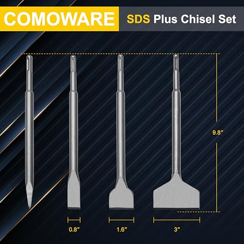 4PCS SDS Plus Chisel Set, Tile and Mortar Removal Tool | 40CR Steel, SDS Plus Rotary Hammer Drill Attachments, for Demolition, Chipping, Scaling Removing Cement, Home Improvement