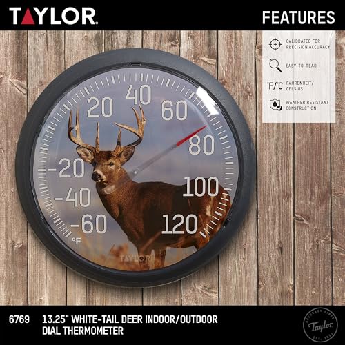 Taylor White Tail Deer Large Indoor Outdoor Dial Thermometer, Wireless Thermometer with Easy to Read Large Numbers for Patio, Pool, Garden or Garage, and Indoor Areas, 13.25-inch, White Tail Dee, Blue - style: White Tail Deer