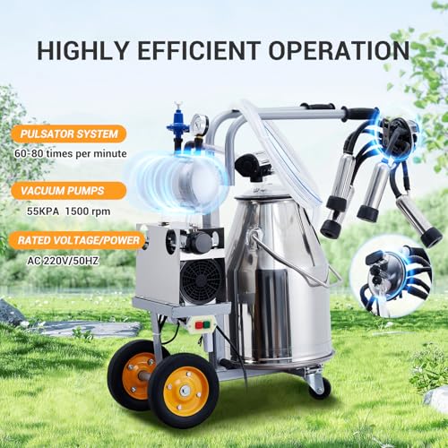 6.6Gal / 25L Cow Milking Machine, 550W Powerful Vacuum Pulsation Electric Milker, Portable Milker with Food-Grade Silicone Cups and 304 Stainless Steel Milk Buckets