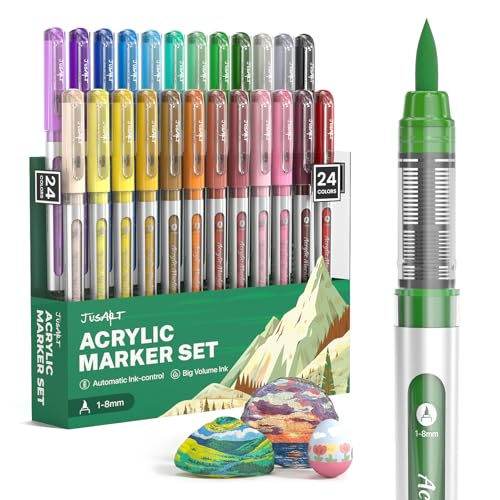 JusArt Acrylic Paint Markers Brush Tip 24 Colors, Water-Based No-Bleed Markers with Automatic Ink Control, Waterproof Acrylic Paint Pens for DIY Art & Crafts -Fabric, Wood, Rock, Ceramic, Metal - color: 24 Colors