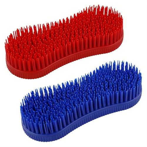 2PCS Horse Grooming Brushes, Soft Rubber Bristle Massage Curry Comb for Horse, Mule & Livestock, Red & Blue