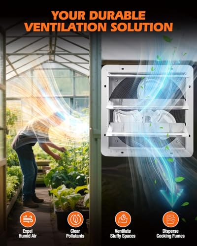 JVO 14" Shutter Exhaust Fan - 1520 CFM, Wall-Mounted for Greenhouses, Attics, Garages & Chicken Coops. Ideal Attic Fan, Greenhouse Vent & Coop Exhaust for Powerful Ventilation & Cooling - size: 14 inch - With Power Cord