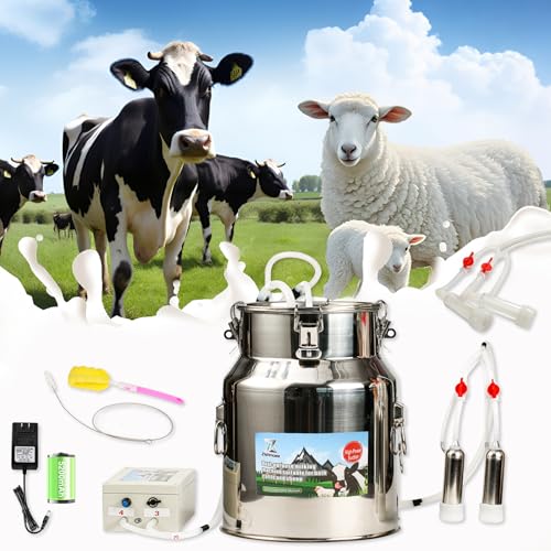 Upgrade 2-in-1 Goats and Cows Milking Machine, 3.7Gal/14L Food-Grade Stainless Steel Bucket with 5200mAh Built-in Rechargeable Battery, 4 Teat Cups, Cordless Pulsation Vaccum Electric Milking Machine - size: 14L