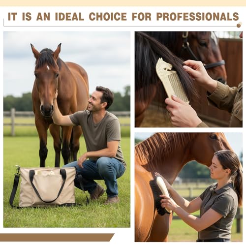 Abbylike 15 Pieces Horse Grooming Kit with Organizer Tote Bag Tack Room Supplies Horse Brush Sets Care Equine Cleaning Kit Shedding Grooming Massaging Tools (Beige) - color: Beige