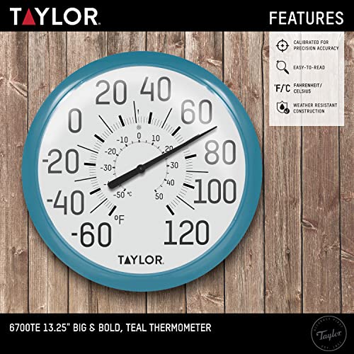 Taylor Big and Bold Wall Indoor Outdoor Thermometer, Easy to Read Numbers for Patio, Pool, and Indoor Areas 13.25 inch, Teal - color: Teal, size: 13.25 inches (Pack of 1)