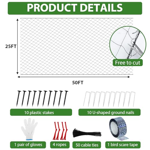25 x 50 Ft Bird Netting with 2.4" Square Mesh Bird Net for Chicken Coop | Heavy Duty Nylon Poultry Netting for Garden Protect Fruit Trees, Vegetables and Plants Against Birds, Deer - size: 25' x 50'