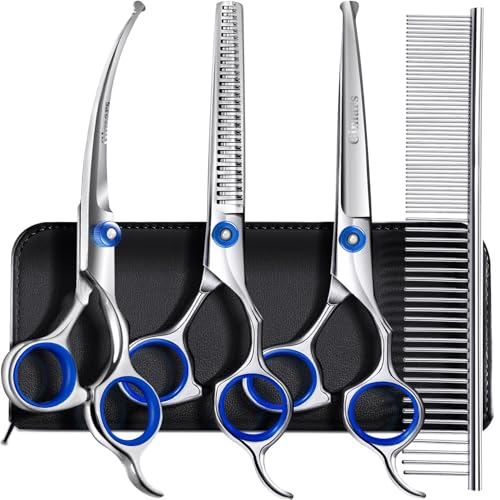 Gimars Professional 5 in 1 Grooming Scissors for Dogs 4CR with Safety Round Tip, Heavy Duty Titanium Coated Straight & Thinning & Curved Shears - style: Professional Blue 5 in 1