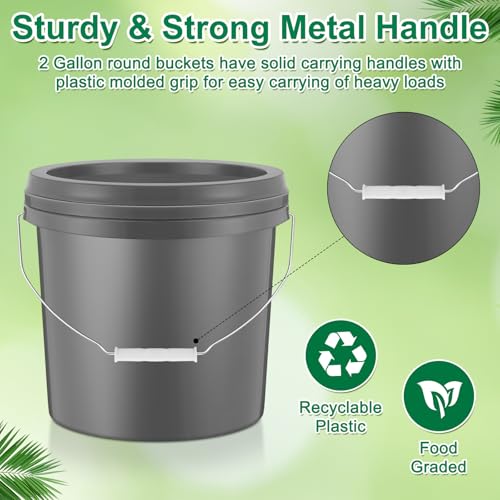 Tioncy 24 Pcs 2 Gallon Plastic Buckets with Lids and Handles,Grey | Storage Pails for Paint, Cleaning, Organizing, Durable Containers, Metal Handles, Plastic Material - color: Gray