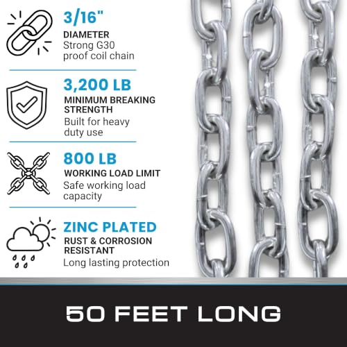 Tie Down Engineering Utility Chain, 50 FT Grade 30 Zinc-Plated Steel Chain, 800 lb Working Load Limit, General Purpose Chain for Gates, Trailers, Barriers, Farm & Property Maintenance | Zinc Plated Steel Strong Working Load & Long Lasting - size: 3/16 Inc