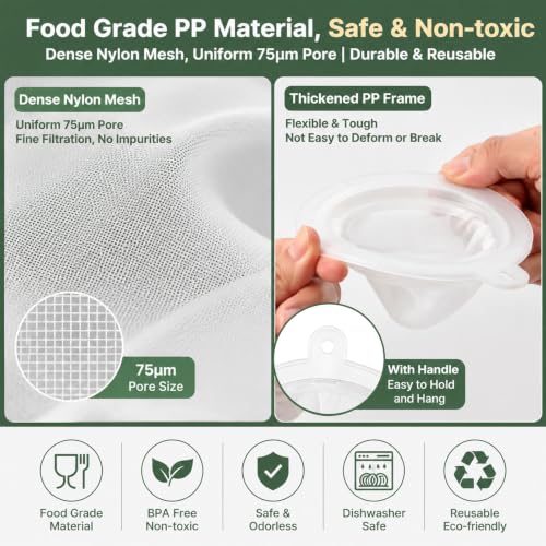 4 Pcs 200 Mesh Food Filter Strainer, Reusable Plastic Sieve Fine, 5 Inch Nylon Strainer for Filtering Yogurt, Juice, and Milk