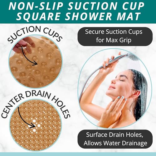 ENKOSI Square Shower Mat – 21 x 21 Inch Non-Slip Bathroom Shower Stall Mat with Suction Cups and Drain Holes – Anti-Slip Bathtub Shower Mats for Inside Shower (21x21 Clear Brown) - color: Clear Brown