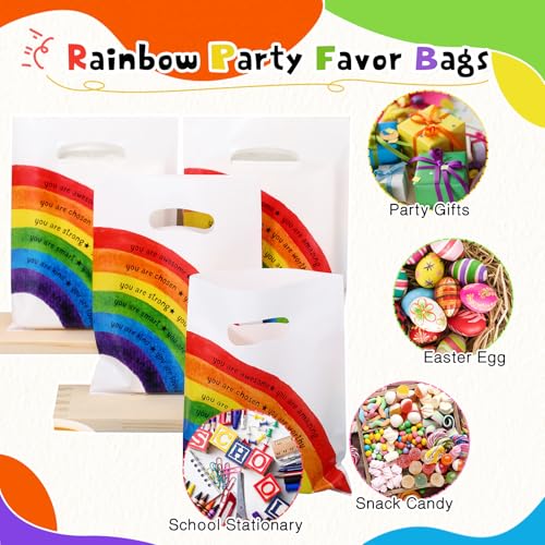 Coume 100 Pcs Back to School Gifts Bags Rainbow Inspiration Quotes Treat Bags with Handles Small Plastic Goodie Snack Bag for Students Teachers Kids Birthday Party Favors, 6" x 8" - style: Rainbow Style