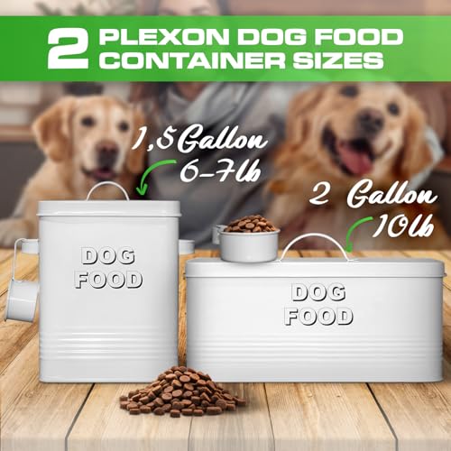 Plexon Metal Dog Food Storage Container with Scoop - Small Dog Food Container 10lbs Holder Treat Jar Bin with Lid - Pet Chow Storage Canister Tin, 2 Gallon, White - color: White, 2 Gall Capacity