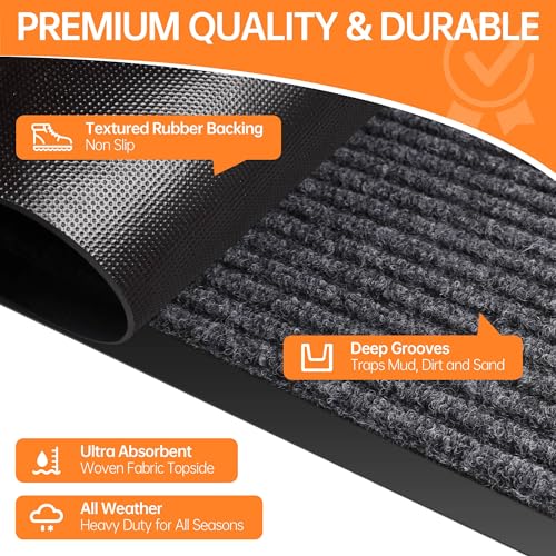 Front Door Mat Outside Entrance, Dirt Trapper Doormat 48" x 24" | Non Slip Indoor Outdoor Welcome Mat for Entryway, Absorbent Commercial Floor Mat for High Traffic Area, All Weather, Grey - color: Dark Grey Striped, size: 2' x 4' (Rectangular)