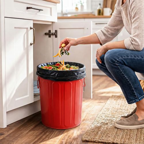 Plexon 5 Gallon Small Metal Trash Can with Lid Outdoor Galvanized Steel Bucket with Lid 5 Gal Storage Can for Dog Food Bird Seed Storage Container, Red - color: Red