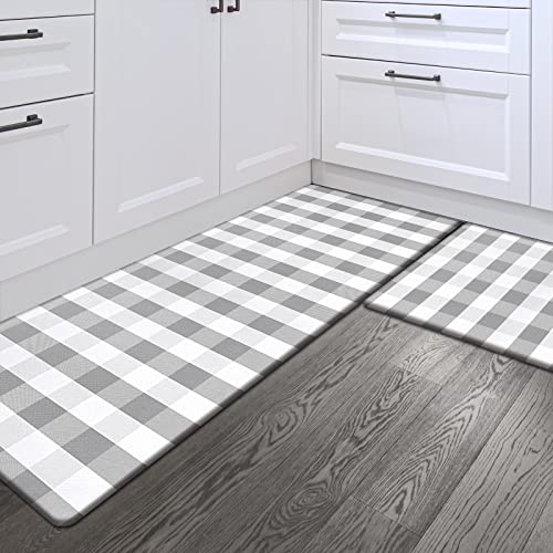Sunlit Set of 2 Anti Fatigue Kitchen Floor Mat, Non Slip Waterproof Comfort Standing Mat, 0.4 Inch Thick Cushioned Farmhouse Kitchen Rug Runner, Gray and White Buffalo Plaid(Size:17"x28"&17"x47") - color: Grey