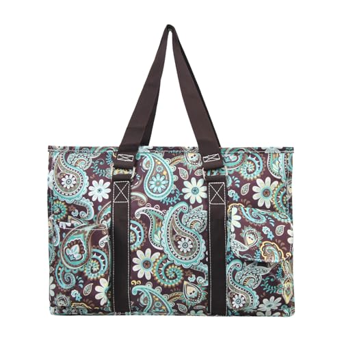 NGIL Utility Water Resistant Tote Bag | Work Tote for Women, Nurse Bag, Teacher's Choice Purse, Gym Bag, Everyday Organizer Top Zipper Closure - color: Teal Paisley-brown