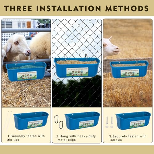 6 Pack Fence Feed Feeder 4.5 Quart Hanging Chicken Feeder Trough with Brush & Scoop Blue Goat Hanging Fence Feeders Feeder with Hooks Screws & Zip Tie for Livestock Feeding Container Goats Supplies - color: Blue, size: 6 Pack
