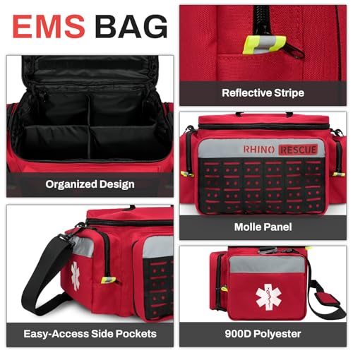RHINO RESCUE First Responder First Aid Kit Fully-Stocked EMT Bag (Red, 20L) | Professional EMT/EMS Trauma Medical Kit, Molle System & Reflective Stripe, 300+ First Aid Supplies, Suits for Business, Home - color: Red