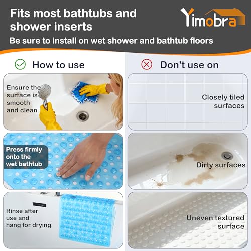 Yimobra Bathtub Mat Non Slip, 27.5"X15.5" Machine Washable Shower Floor Mat, Soft on Feet, Bathmat with Drain Holes and Suction Cups, Bathroom Essentials, Clear Blue - color: Clear Blue, size: 27.5 X 15.5 Inch