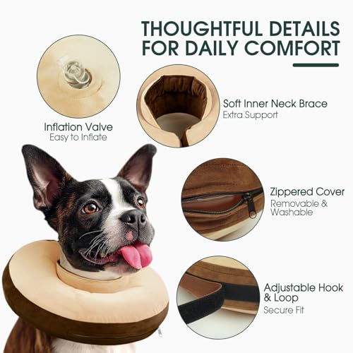 Kuoser Inflatable Dog Cone Collar, Dogs Donut Collar to Stop Licking, L | Soft Dog Cone Alternative After Surgery, Inflatable Pet Neck Pillow Comfortable Recovery E-Collar for Small Medium Large Dogs - color: Vanilla Latte, size: L (Neck: 15.7" - 19.6")