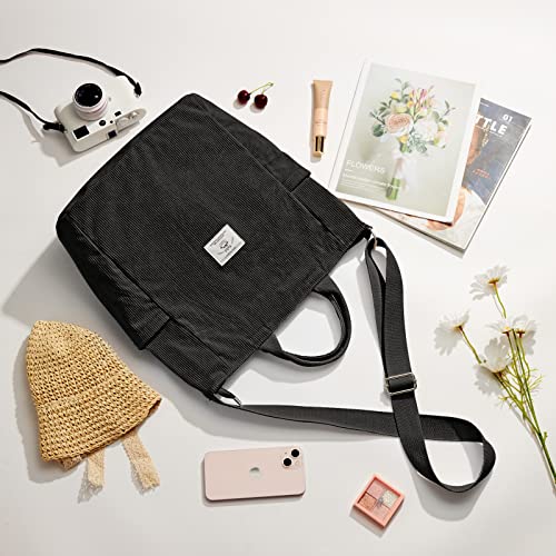 KALIDI Corduroy Tote Bag, Large Slouchy Hobo Messenger Crossbody Bag | Anti Splash Zipper Side Pockets Shoulder Bag Adjustable Strap Lightweight Casual Work Shopping Women - color: Black