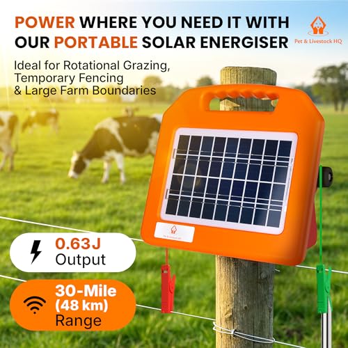 30 Miles Solar Electric Fence Charger - Solar Powered Electric Fence Kit 0.65 Joule - Fence Energizer for Livestock, Horses, Cattle, Sheep