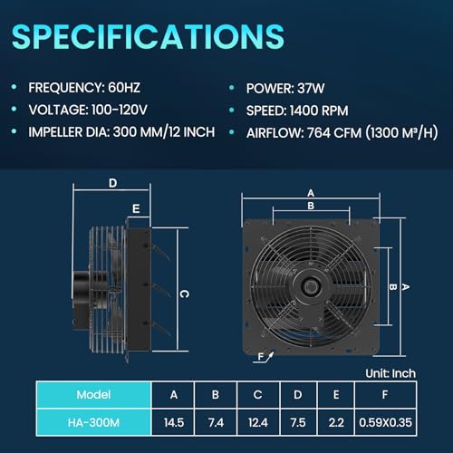 HG Power Upgraded 12 Inch Shutter Exhaust Fan, 764CFM High-Speed, 1400RPM Wall-Mounted Ventilation Fan for Shed, Garage, Greenhouse - with Mesh Screen, ON/OFF Switch & 8FT Power Cord, Black - size: 12 Inch Upgrade