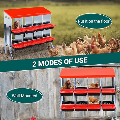 Garvee Chicken Nesting Boxes, 8 Hole Metal Chicken Laying Box with Removable Trays and Roll Out Egg Collection for Chicken Coop, Red, with Metal Legs