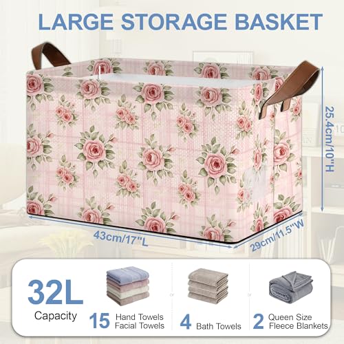 Vintage Pink Rose Storage Baskets,Foldable Large Capacity Organizer Bins with Waterproof Lining and Leather Handles for Closet,Shelf,Bedroom 17x11.5x10Inch - color: Vintage Pink Rose