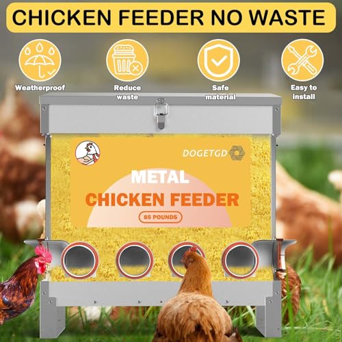 Automatic Chicken Feeder No Waste Metal Poultry Feeder Large Capacity 85lbs for Chickens, Geese, Ducks, Turkeys, Quails (10-Port) - size: 10-Port