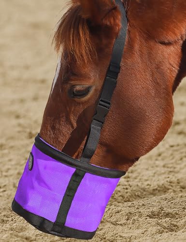 Harrison Howard Horse Muzzle Feed Bag Nylon Mesh Grain Feed Bag with Padded Neck Strap Adjustable Belt Purple Medium - color: Purple, size: Medium