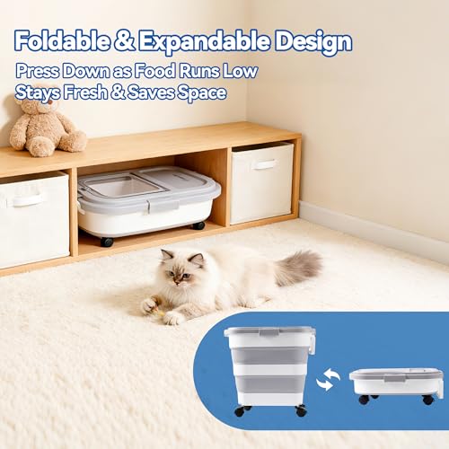 Dog Food Storage Container 30-40lbs, Airtight Pet Food Bin w/ Clear Window | Collapsible Rolling Storage Container with Wheels; Foldable Bucket with Locking Lid & Scoop; Gray - color: Gray-L