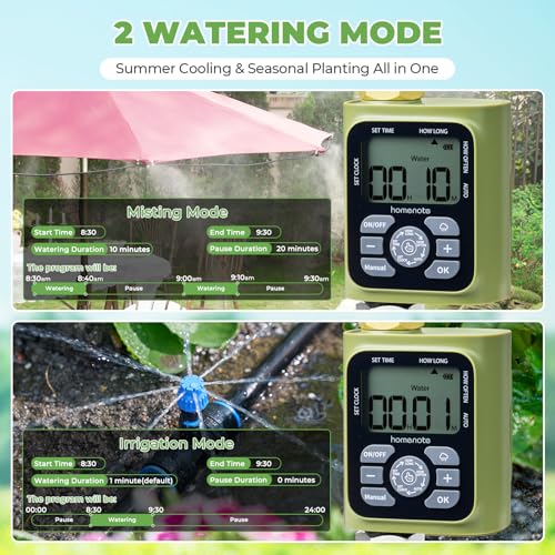 HOMENOTE Misting Cooling System with Timer, 59FT Misting Hose | 20 Brass Nozzles, 3/4" Brass Adapter, Water Timer with Mist Mode & Irrigation Mode, For Patio Cooling and Garden Watering - size: 59FT / 18M