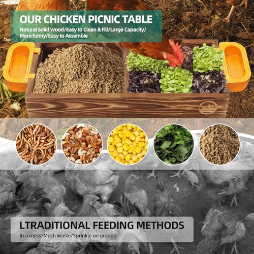 Chicken Picnic Table, Chicken Feeder No Waste Handmade Carbonized Wooden, Large DIY Chicken Feeder Kit, Wild Bird, Duck & Squirrel Feeders, Mesh Bottom Keep Food Fresh and Dry Easy to Clean and Fill