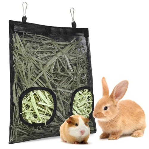 Mesh Guinea Pig Hay Feeder Bag for Guinea Pigs Rabbits Chinchillas, Hanging 2-Hole Hay Dispenser Breathable Wear-Resistant (Black) - color: black