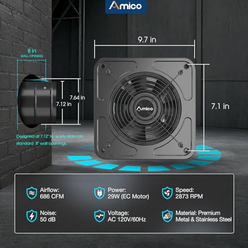 Amico 8" Kitchen Exhaust Fan, Remote 9-Speed, 29W EC Motor, 686 CFM | High Airflow Wall Mount Extractor Fan, Garage, Attic, Greenhouse, 8-Hr Timer, Low Noise 50dB, 3-Year Protection - size: 8 inch