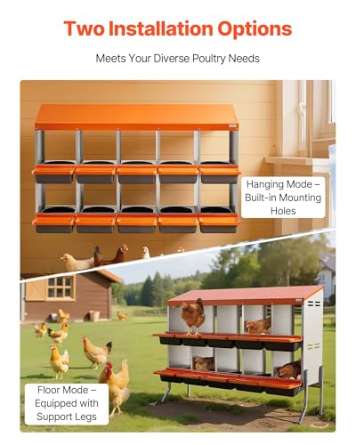 VEVOR Chicken Nesting Boxes, 10 Compartments, with Support Legs, Easy Egg Collection, Galvanized Steel and High-Strength Plastic, Roll Away Nesting Boxes for Chickens and Hens Laying Eggs, Orange - size: 52.0"L x 20.7"W x 39.0"H