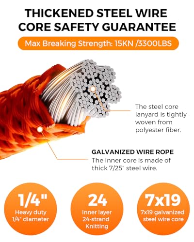 16ft Steel Wire Core Flipline, 3300Lbs Arborist Positioning Lanyard Kit | Flip line with Triple Lock Carabiner, Swivel Snap Hook and Rope Grab for Large Trunk Climbing, Tall Tree Care and Rescue - size: 1/2’’ x 16 ft