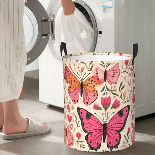 Laundry Basket Colored Pink Butterflies Collapsible Large Capacity,Dirty Clothes Basket Durable Lightweight Hamper With Handles Ideal For Clothes,Toys Home Organization size19.6iN *15.7in,63L - color: butterflies