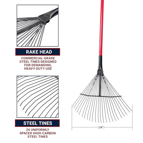24-Tine Thatching Garden Rake for Leaves | Heavy Duty Metal Leaf Rake | Dethatching Large Leaves and Yard Debris, 23.5" Wide 68" Fiberglass Long Handle Rakes for Gardening 100% Made in USA | 23.5" Wide, Heavy Duty Metal Leaf Rake for Gardening, Dethatchin