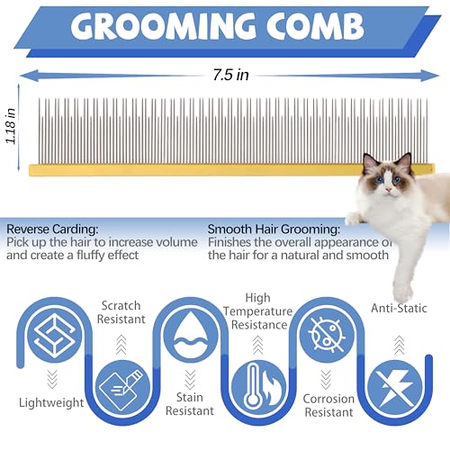 8.5 Inch Dual Tooth Pet Comb for Mats and Tangles，Professional Grooming Comb Removing Excess Hair for Long-Haired Cats and Dog Kit,Prevent Undercoat, Excess Hair,Mats and Tangles,Pet Essential - color: Gold