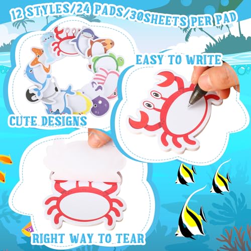 Yinder 24 Pads Kids Sticky Notes, Ocean Animal Cartoon Memo Pads | Cute Kawaii Shark Turtle Designs, Fun for School Reminders, Back to School Supplies, Party Favors, Classroom Gifts - style: Ocean Animals