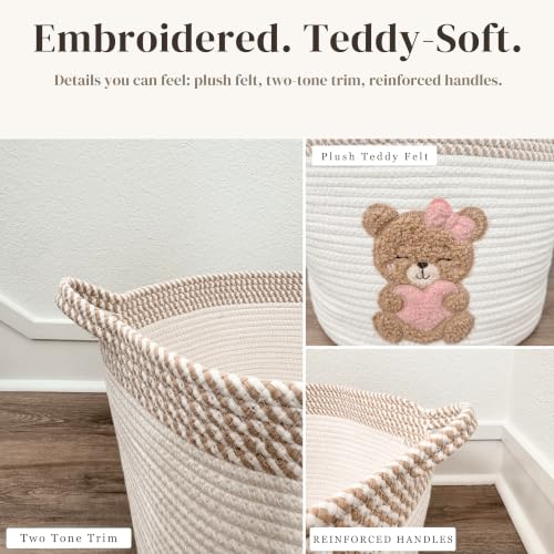 Pink Teddy Bear Baby Storage Basket, Cotton Rope Nursery Bin, 15x11 in | Stuffed Animal and Blanket Storage, Embroidered Bear Patch, Baby Girl Room Decor, Gift, Kids Playroom Organizer - color: Girl Teddy