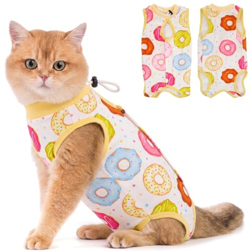 Avont Cat Recovery Suit - Kitten Onesie for Cats After Surgery | Stop Licking, Protects Stitches, S: Neck 8.5"-10.2"/Chest 11.5"-13"/Back 8", Soft & Breathable, Hook & Loop, Donut - color: Donut, size: Small